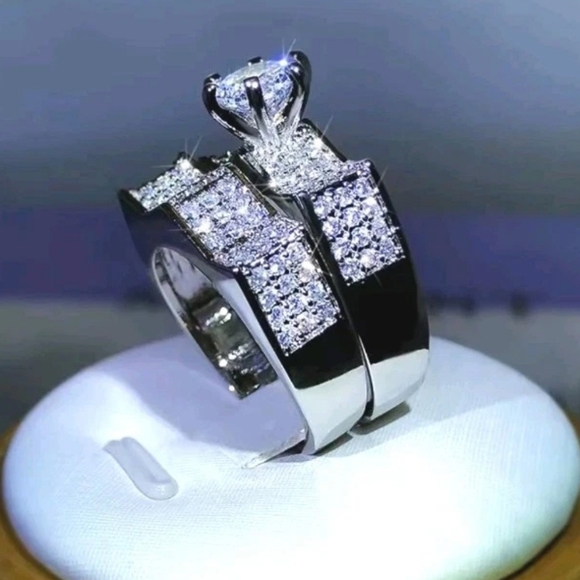 Women's 2pc Solid 925 Sterling Silver Lab Created Diamond Bridal Set SZ 9 - Picture 10 of 17
